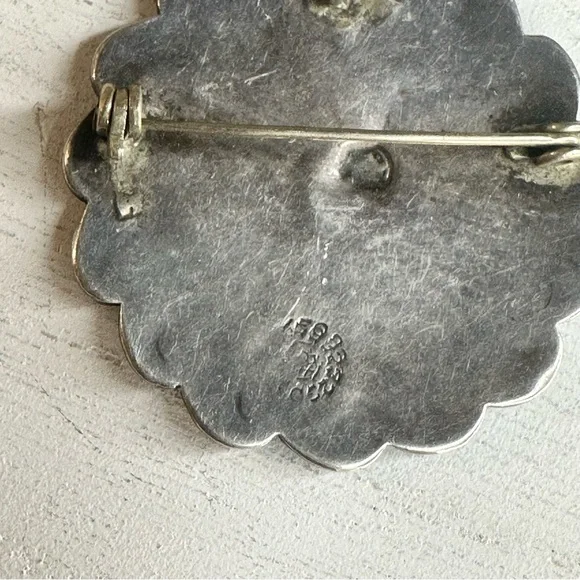 Vintage Mexico Sterling Silver Turquoise Inlay Sun Brooch - Picture 6 of 7